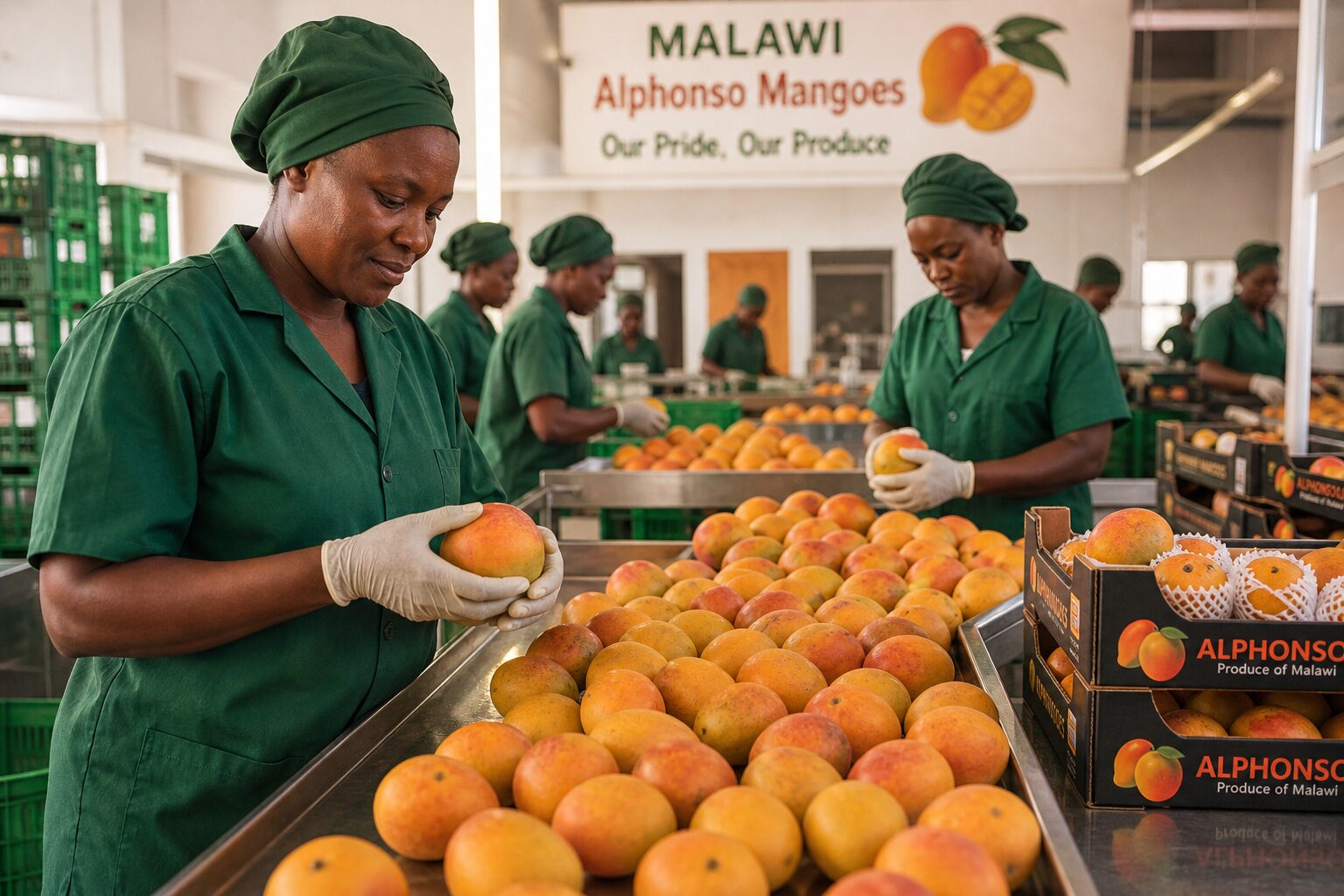 Workers grading and packing ripe Alphonso mangoes for export
