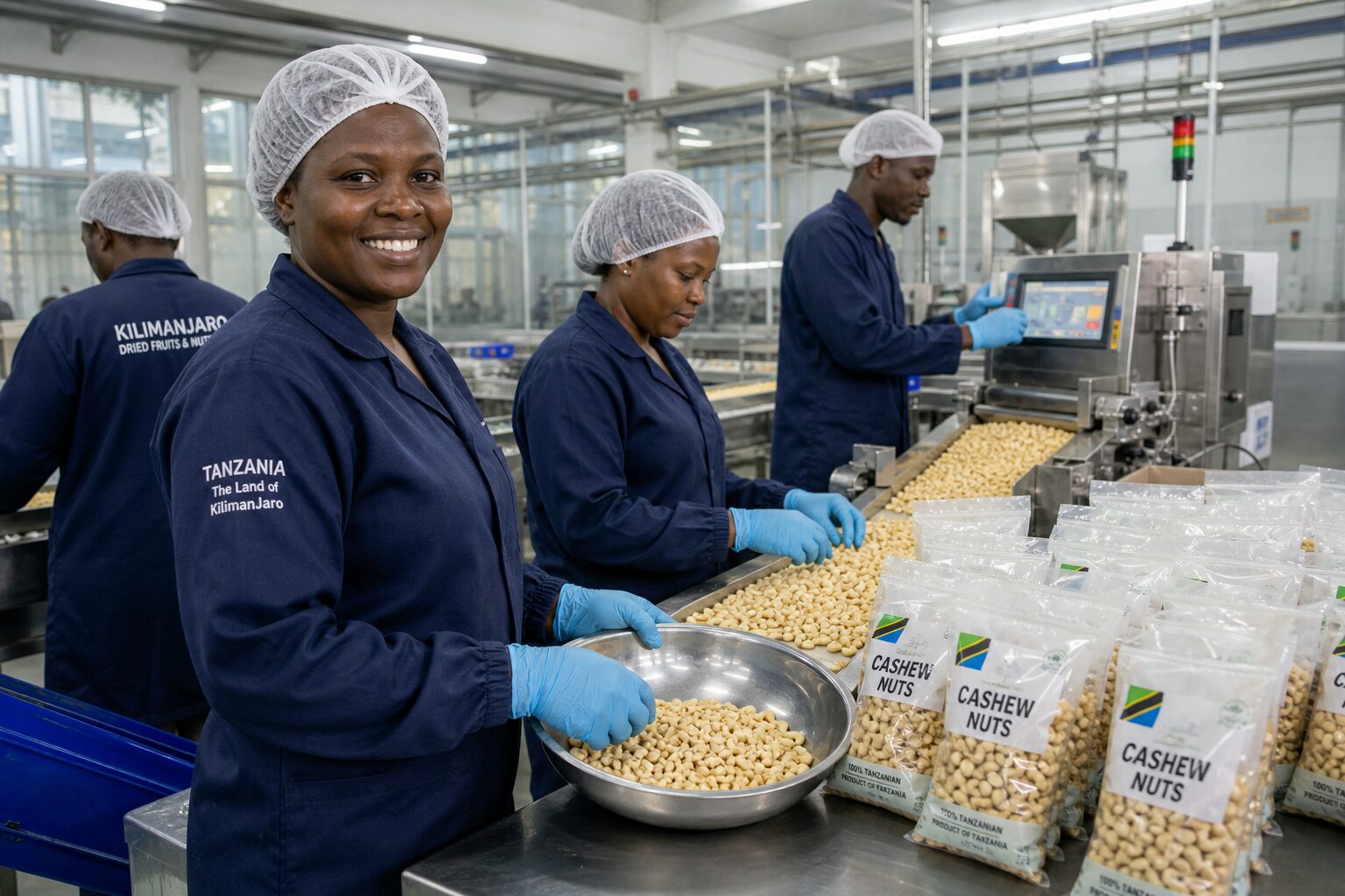 Workers on a modern agro-processing and packing line